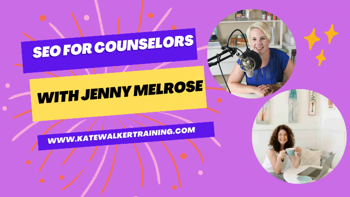 The image is a vibrant promotional graphic for a training or webinar titled "SEO FOR COUNSELORS WITH JENNY MELROSE". The main title is displayed in bold, capitalized font across the center of the image, with "SEO FOR COUNSELORS" on a purple banner and "WITH JENNY MELROSE" on a yellow banner. The background is a playful pink with splashes of light purple and orange dots and starburst patterns, giving the graphic an energetic feel. On the left side of the image, there is a circular inset photo of Jenny Melrose, who is smiling and speaking into a microphone, suggesting she might be podcasting or conducting a webinar. Below this, in another circular inset, is a relaxed photo of Dr. Kate Walker, casually seated and holding a mug, smiling at the camera. At the bottom of the image, the URL "www.katewalkertraining.com" is prominently displayed, inviting viewers to visit for more information. The overall design is attention-grabbing with its use of bright colors and dynamic elements, effectively advertising the SEO training session aimed at counseling professionals.