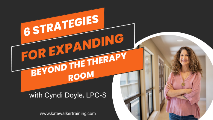 The image is a promotional graphic for a webinar or presentation titled "6 Strategies for Expanding Beyond the Therapy Room." The design features a bold, orange and black color scheme with the title text prominently displayed in white and orange on a black background. On the right side, there is a circular photo of Cyndi Doyle, LPC-S, standing with her arms crossed in a hallway, smiling. Below the title, the website "www.katewalkertraining.com" is listed.