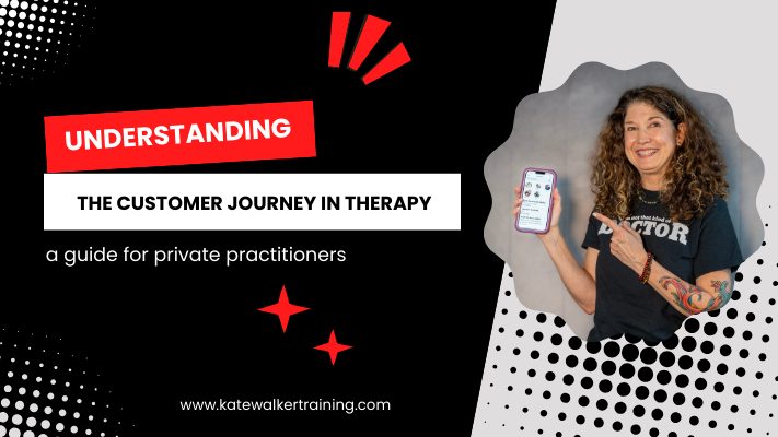 This image features a promotional graphic for Dr. Kate Walker's guide titled "Understanding the Customer Journey in Therapy." The background is styled with black and white abstract shapes and dotted patterns. On the right, Dr. Walker is shown smiling, holding up a smartphone displaying her website. She wears a black T-shirt with "Doctor" printed on it. The left side of the image contains bold text in a red banner that reads "UNDERSTANDING THE CUSTOMER JOURNEY IN THERAPY," followed by a subtitle "a guide for private practitioners" in white. Below this, the URL "www.katewalkertraining.com" is displayed, and three red stars add decorative accents to the design.