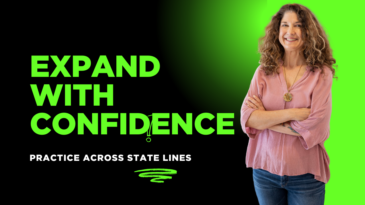 The image features Dr. Kate Walker standing confidently with her arms crossed, wearing a light pink, flowy blouse and jeans. She has long, curly hair and a warm, approachable smile. The background is a dynamic split between a bright neon green on the right and a deep black on the left. Bold green text on the left side reads "EXPAND WITH CONFIDENCE," while smaller white text below reads "PRACTICE ACROSS STATE LINES." A stylized green swirl at the bottom right adds a sense of movement and energy to the design.