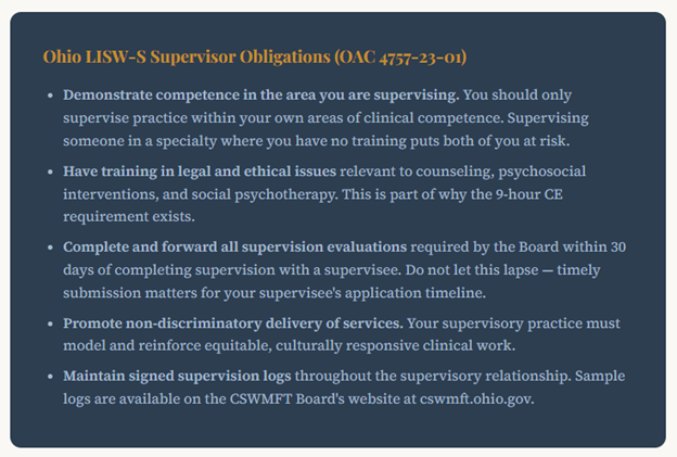 Supervisor Obligations for the state of Ohio for LISW-S