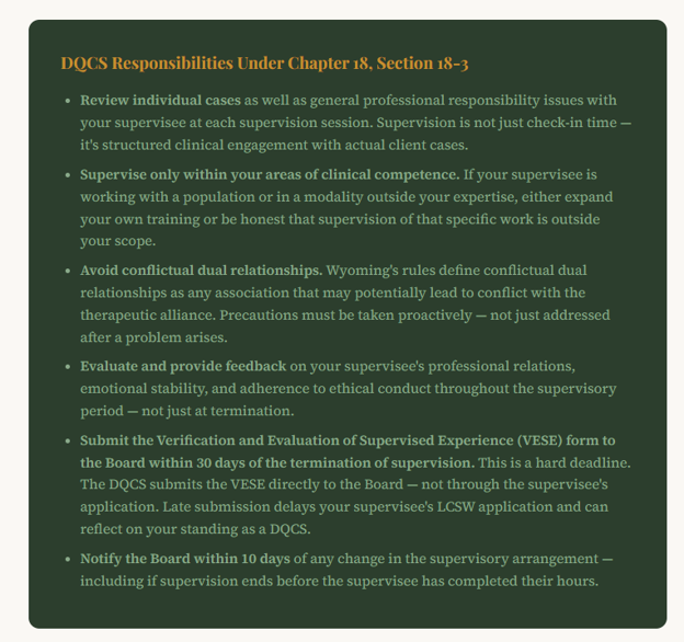 DQCS Responsibilities in Wyoming for clinical supervision