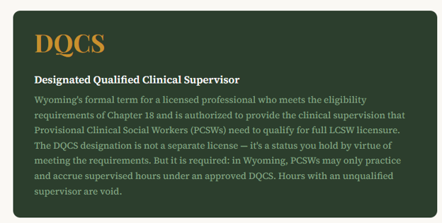 Social Work Supervision Wyoming Credential DQCS Definition